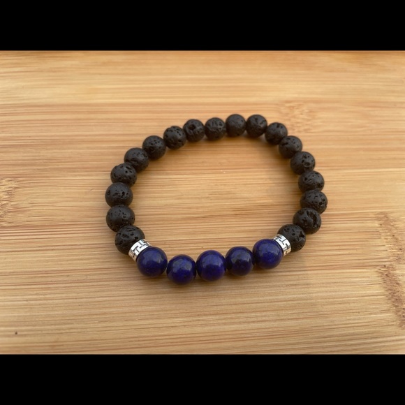 Hand Crafted Jewelry - Chakra Bracelet Blue Tiger Eye Black Lava Stone